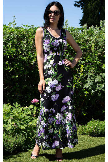 Floral Jersey Midi Dress – Black Violet Flowers [1]