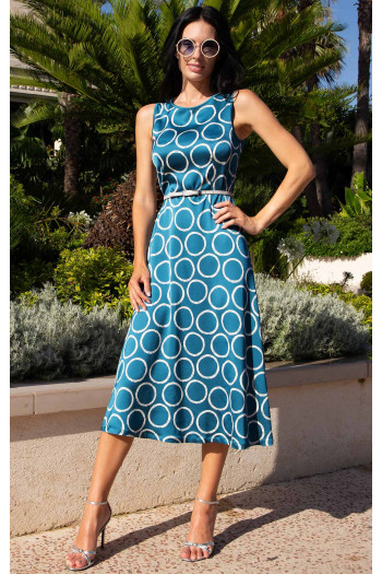 Luxury Flared Dress Petrol Circles in Satin Viscose [1]