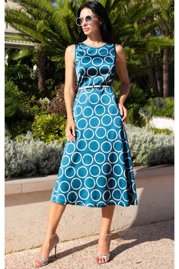 Luxury Flared Dress Petrol Circles in Satin Viscose