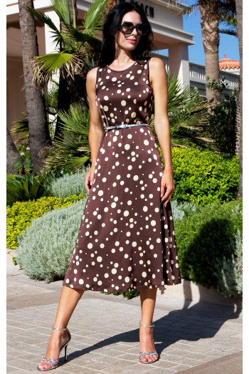 Elegant Flared Dress Chocolate Polka in Luxurious Satin Viscose