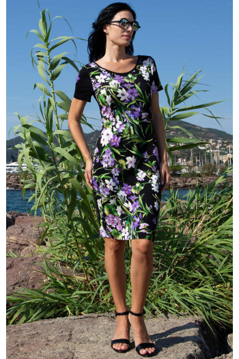 Straight Jersey Dress – Black Violet Flowers [1]