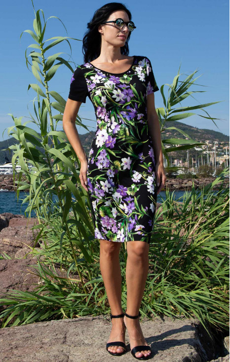 Straight Jersey Dress – Black Violet Flowers [1]
