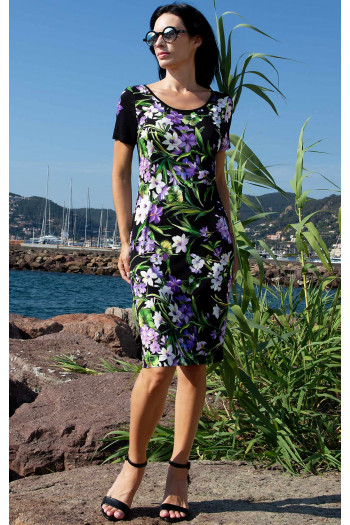 Straight Jersey Dress – Black Violet Flowers