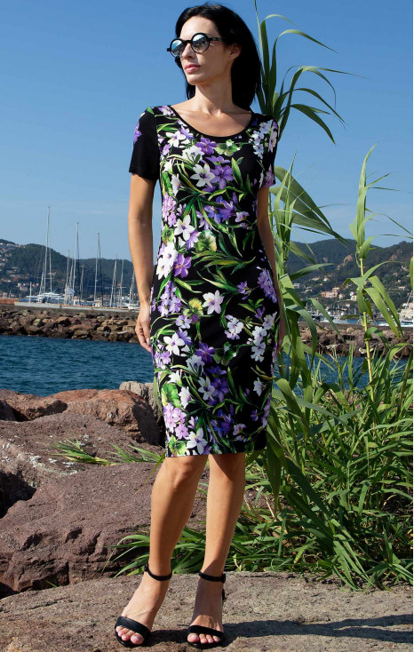 Straight Jersey Dress – Black Violet Flowers