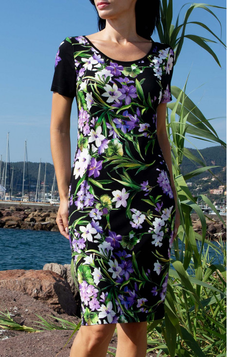 Straight Jersey Dress &ndash; Black Violet Flowers