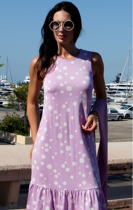 Romantic Short Dress in Luxurious Jersey &ndash; Lavender Polka Dots with Flounce Hem
