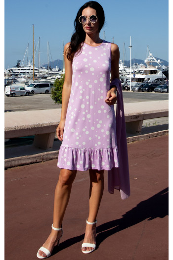 Romantic Short Dress in Luxurious Jersey – Lavender Polka Dots with Flounce Hem