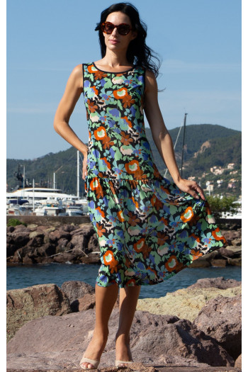Sleeveless Viscose Midi Dress – Azure Garden [1]