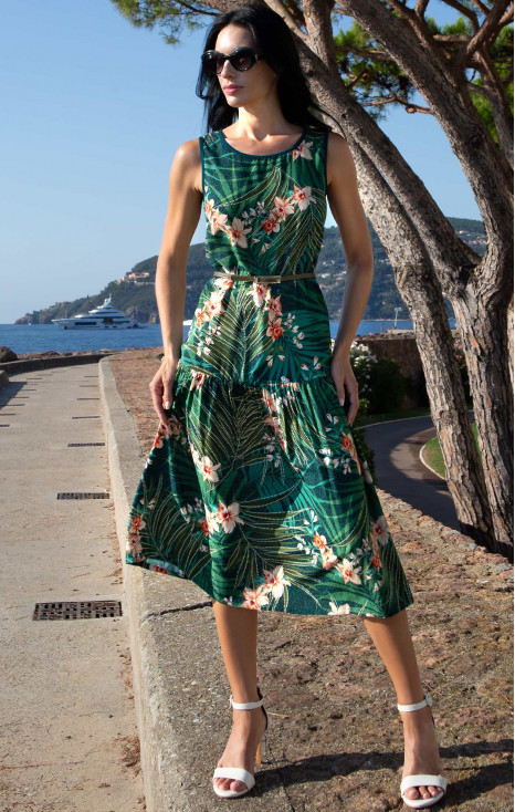 Sleeveless Viscose Midi Dress &ndash; Tropical Green Garden