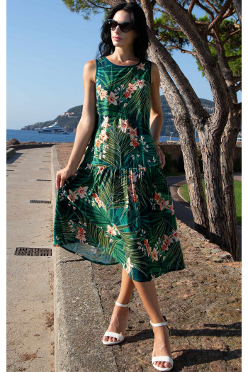 Sleeveless Viscose Midi Dress – Tropical Green Garden [1]