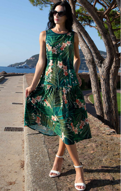 Sleeveless Viscose Midi Dress &ndash; Tropical Green Garden