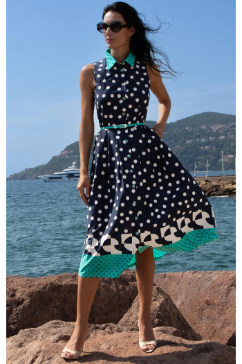 Cotton Shirt Dress – Navy & Turquoise Graphic