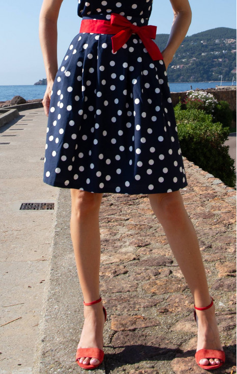 Flared Cotton Skirt &ndash; Navy Polka Dots