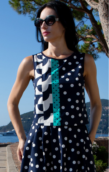 Cotton Sleeveless Top &ndash; Navy & Graphic Polka