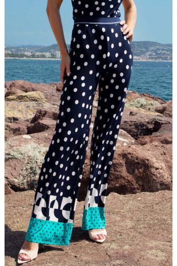 Stretch Jersey Wide-Leg Trousers – Navy & Graphic Polka