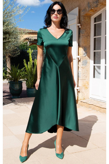 Emerald Green Satin Dress with Asymmetric Hem