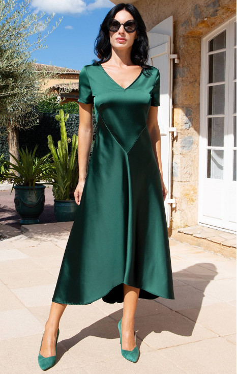 Emerald Green Satin Dress with Asymmetric Hem