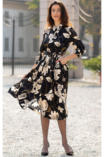 Black Floral Elegance Satin Viscose Shirt Dress