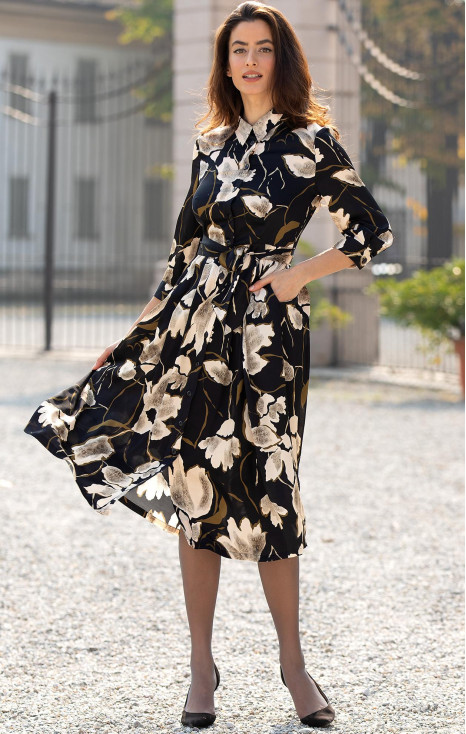 Black Floral Elegance Satin Viscose Shirt Dress