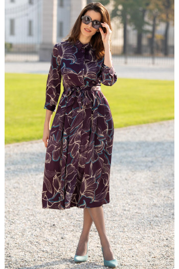 Plum Floral Elegance Satin Viscose Shirt Dress