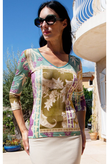 Olive Patchwork Paisley Fitted Jersey Blouse