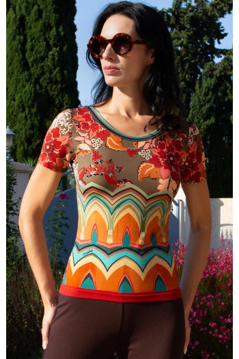 Retro Floral Fitted Blouse with Layered Print and Zigzag Border