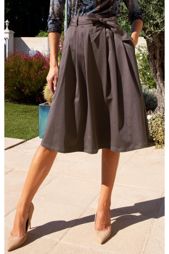 Taupe Flared Cotton Skirt with Belt