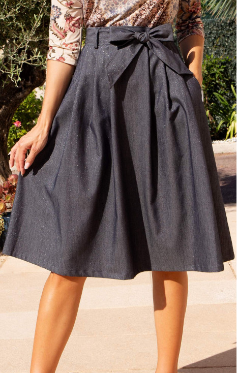Blue Graphite Shimmer Flared Cotton Skirt with Belt