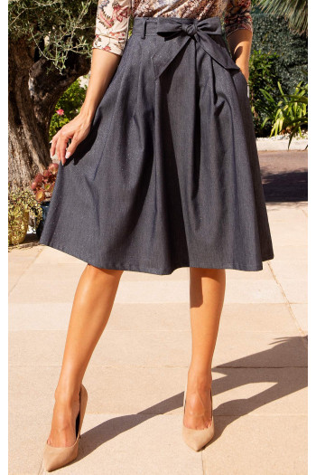 Blue Graphite Shimmer Flared Cotton Skirt with Belt