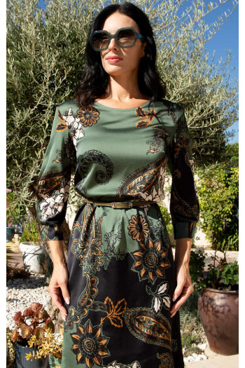 Olive Paisley Luxury Satin-Finish Viscose Dress [1]