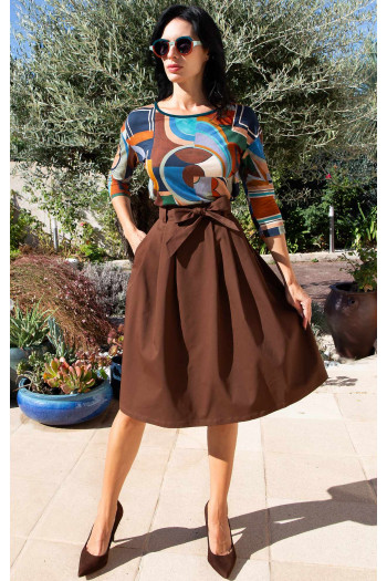 Chocolate Brown Flared Cotton Skirt with Belt [1]