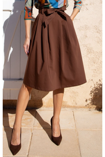 Chocolate Brown Flared Cotton Skirt with Belt