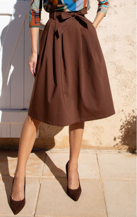 Chocolate Brown Flared Cotton Skirt with Belt