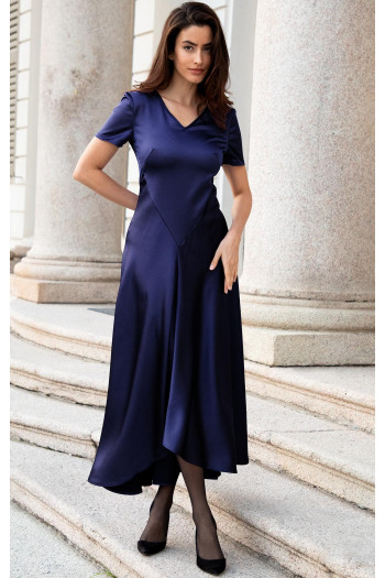 Midnight Blue Satin Dress with Asymmetric Hem [1]