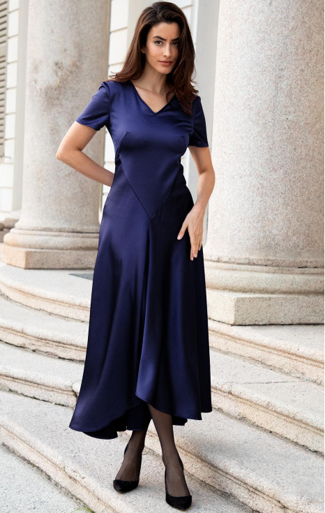 Midnight Blue Satin Dress with Asymmetric Hem