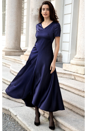 Midnight Blue Satin Dress with Asymmetric Hem