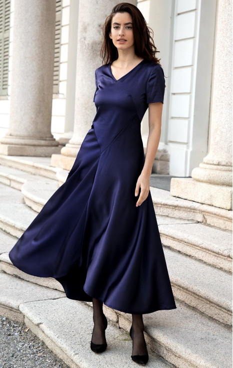 Midnight Blue Satin Dress with Asymmetric Hem