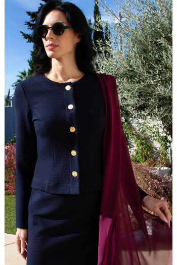 Navy Fitted Structured Jersey Blazer with Gold Buttons [1]