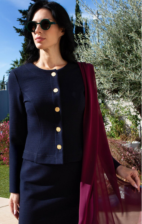 Navy Fitted Structured Jersey Blazer with Gold Buttons