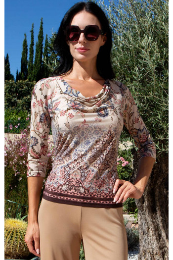 Vintage Bloom Beige Draped-Neck Jersey Blouse