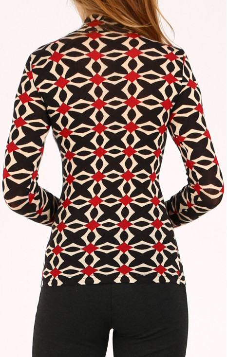 Retro Mosaic Fitted Fine-Knit Mock-Neck Top [1]