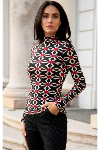 Retro Mosaic Fitted Fine-Knit Mock-Neck Top