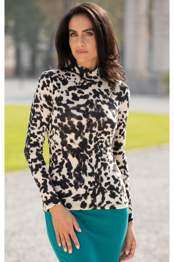 Fitted Fine-Knit Mock-Neck Top in Snow Leopard