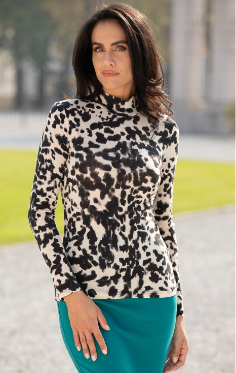Fitted Fine-Knit Mock-Neck Top in Snow Leopard